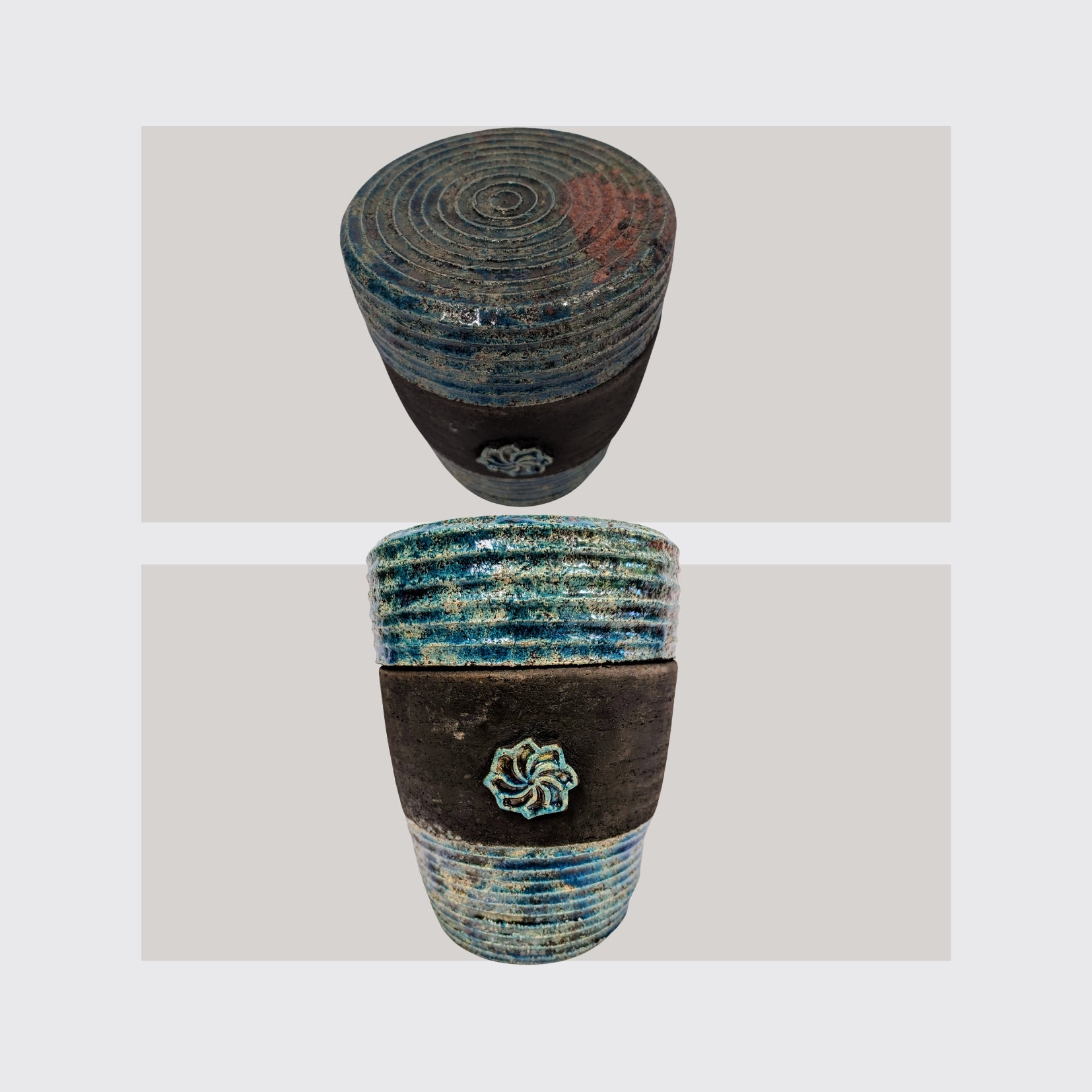 Raku Urne Schwarz Blau Blume